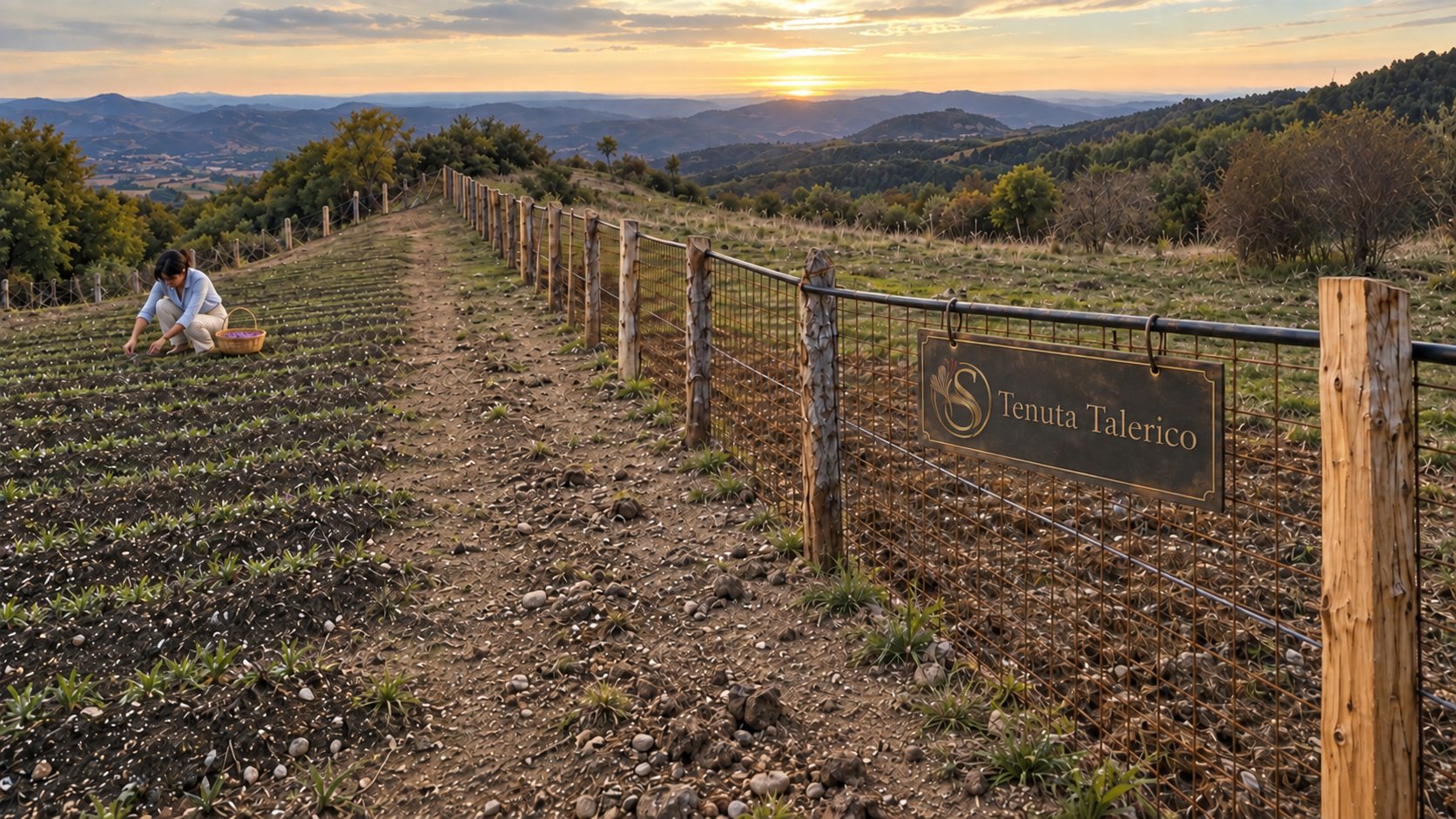 Raccolta dello zafferano al tramonto accanto all’insegna della Tenuta Talerico, con le montagne della Calabria sullo sfondo